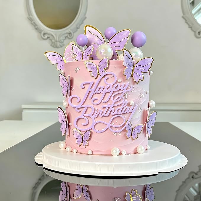 24 PCS Purple Happy Birthday Cake Toppers Cupcake Toppers | Purple Cake Topper Acrylic Side Cake Decorations for Women Girls Princess Multi Sized Party Birthday Anniversary 8 Styles