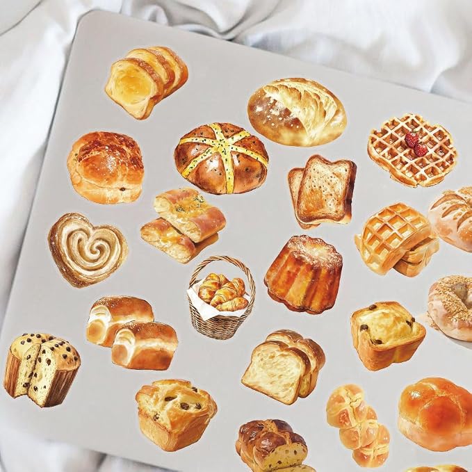 Cute Bread Stickers for Adults,Teens,Kids, 50PCS Realistic Bakery PET Transparent Waterproof Food Stickers Pack for Water Bottles,Laptop,Scrapbook, Bakery Themed Party Decorations