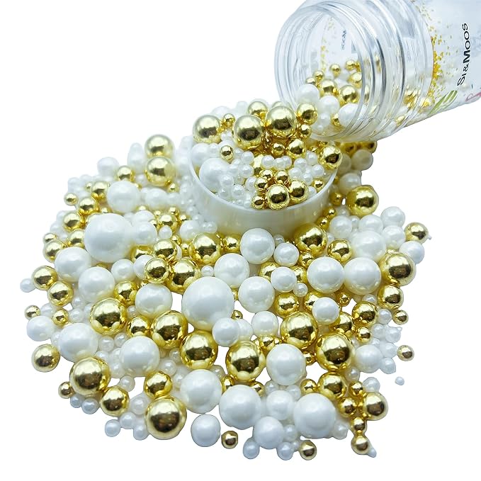 SE Si&Moos Gold and White Pearl Sprinkles for Cake Decorating White Edible Pearl Cake Decorations Gold Sprinkles for Cake, Baby Shower Party Holiday Halloween Christmas Supplies 3.5 OZ