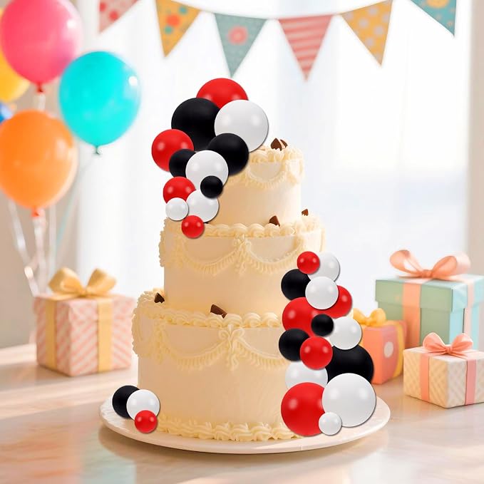 30 PCS Balls Cake Topper DIY Cake Insert Toppers Ball Cake Picks Cupcake Topper for Birthday Party Baby Shower Wedding Cake Decoration(Black White Red)
