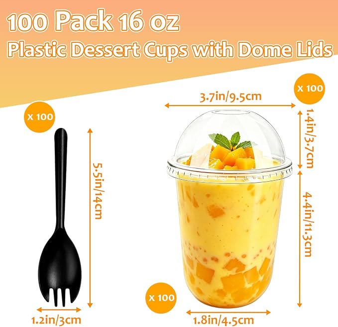Jnnzzggu 100 Pack 16 oz Plastic Dessert Cups with Dome Lids (No Hole),Clear Disposable Ice Cream Cups with Sporks,Parfait Cups for Yogurt,Fruit,Pudding,Cakes,Dessert