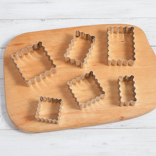 6Pcs Rectangle Cookie Cutter Set with Scalloped Edge Biscuit Cracker Cutters For Baking Fluted Plaque Frame Rectangluar Shapes Fondant Molds Geometric Square Wavy Pastry Molds Assorted Sizes