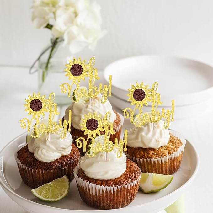 24 Pack Gold Glitter Sunflower Baby Shower Cupcake Toppers