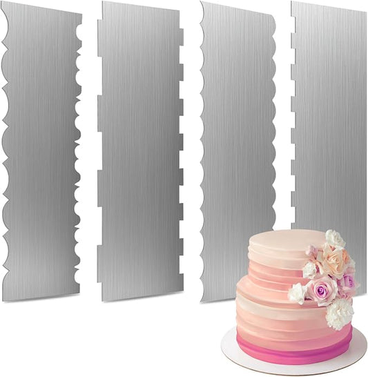 4 Pack Stainless Steel Cake Scraper,8.6 Inch Double Sided Patterned Stripe Metal Cake Smoother, Cake Decorating Comb Pastry Cutter Leveler for Mousse Butter Cream Cake Edge Baking Decoration