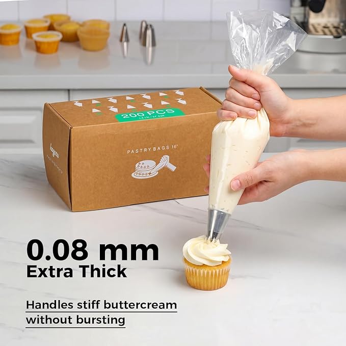 18-Inch Heavy-Duty Disposable Piping Bags, 200 Pack – Extra Thick Smooth Pastry Bags with Easy-Pull Dispenser Box for Cake Decorating, Buttercream Frosting, Cookie Icing & Baking Supplies