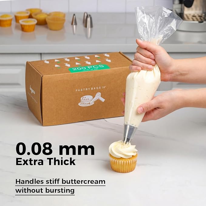 16-Inch Heavy-Duty Disposable Piping Bags, 200 Pack – Extra Thick Smooth Pastry Bags with Easy-Pull Dispenser Box for Cake Decorating, Buttercream Frosting, Cookie Icing & Baking Supplies