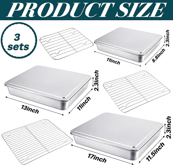 Funnymoom 3 Pcs Baking Stainless Steel Pans with Lids and Cooling Racks 13/10.5/9.5 Inch Roasting Rectangle Sheet Full Size 2.3" Thick Heavy-duty for Cakes Bread Vegetables Dishwasher Safe