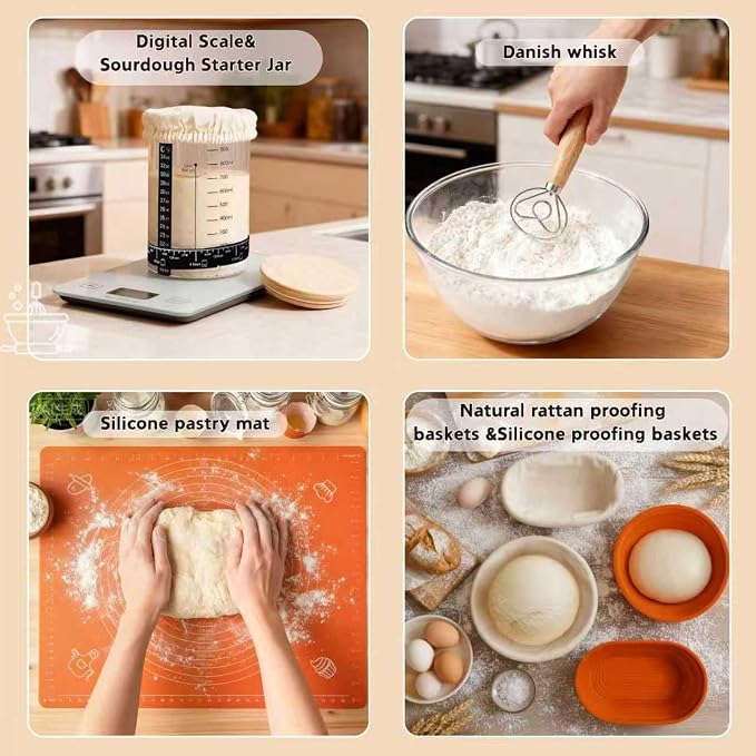 All-Inclusive Sourdough Starter Kit with Enameled Cast Iron Dutch Oven & Scale - Premium Bread Making Tools with 4 Banneton Proofing Baskets, Beginner Guide, Sling, 34oz Starter Jar, Best Baking Gifts