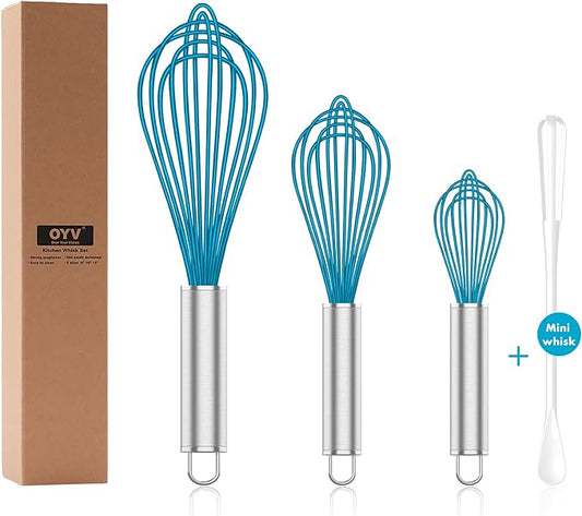 OYV Silicone Whisk,Heat Resistant 480°F Whisks For Cooking Non Scratch,Stainless Steel wired wisk,Plastic Rubber Whisk Tool For Nonstick Cookware Pans,Silicon Wisks Set of 4,Blue