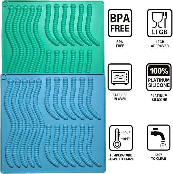 4Pcs Gummy Candy Molds - Silicone Gummy Worm Molds with 2Pcs Dropper,Non-stick and Bpa Free for Candy Chocolate Gummies Baking