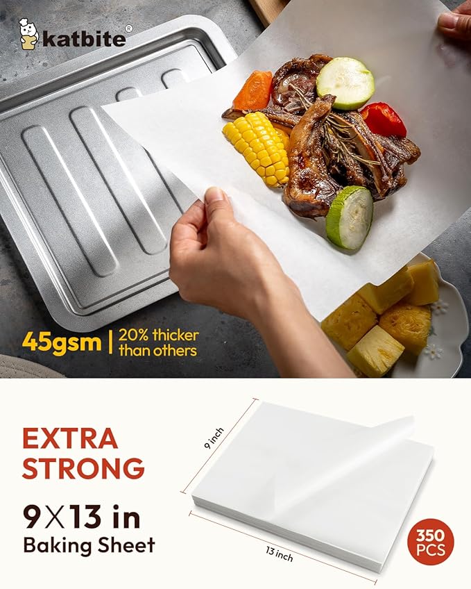 Katbite 350Pcs 9x13 In Parchment Paper Sheets, Heavy Duty White Baking Paper, Non-stick & Oil Proof for Oven, Air Fryer, Grilling, Steaming and Cooking Bread [Extra Strong Series]