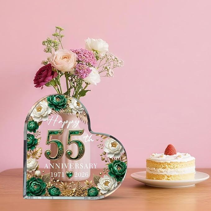 55th Anniversary Cake Topper Acrylic,55 th Anniversary Decorations & Keepsake Gift for Couples（55th Anniversary-Green Floral）
