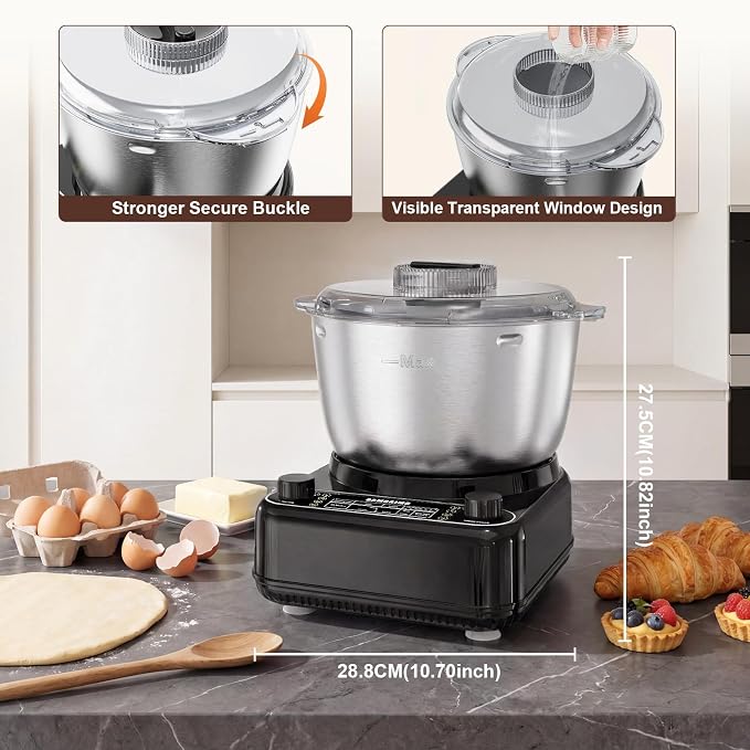 Electric Dough Maker with Ferment Function, 6.5QT Stand Dough Mixer, Dough Kneading Machine with 304 Stainless Steel Bowl, Removable Lid & Knob Control, Ideal for Bread, Pizza, Pasta - Onyx Black