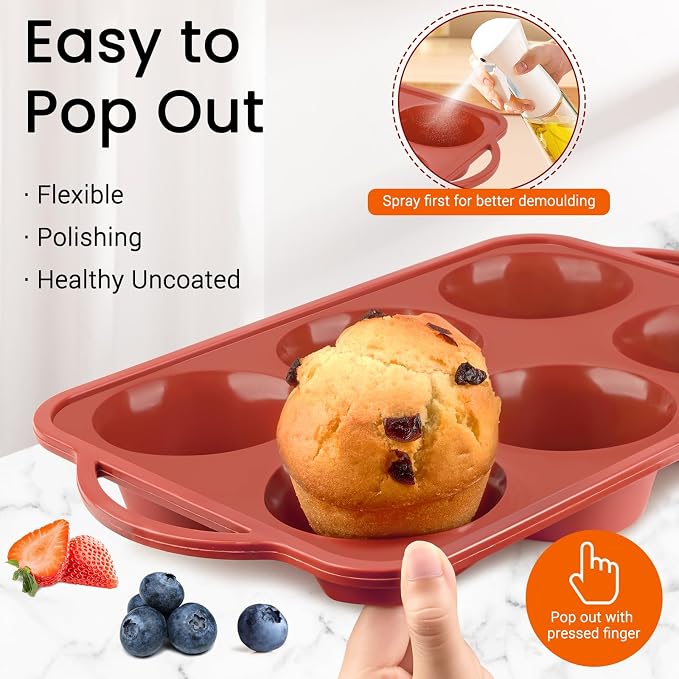 JOERSH 2 Pack Jumbo Muffin Pan with Metal Frame, 6 Cup Large Cupcake Mold with Handles, Non-Stick Silicone Baking Tray for Jumbo Muffin, Cupcake, Egg Bite
