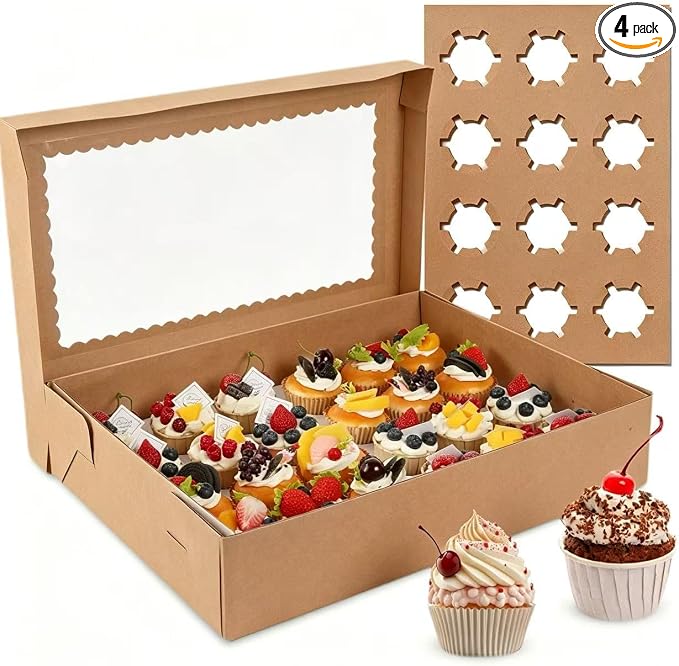 24 Count Cupcake Boxes, 4 Pack White Cupcake Containers with Windows and Inserts, Disposable Cupcake Carriers for Muffins, Treats, Pastries, 19 x 14 x 3.9 Inches (Brown, 24Count /4Pcs)