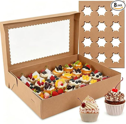 24 Count Cupcake Boxes, 8 Pack White Cupcake Containers with Windows and Inserts, Disposable Cupcake Carriers for Muffins, Treats, Pastries, 19 x 14 x 3.9 Inches (Brown, 24Count /8Pcs)