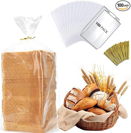 Reusable Bread Bags for Homemade Bread & Sandwich Bread ， 100 Pack Clear Plastic Storage Bags with Ties, Airtight Food Safe Design for Home Bakers and Bakeries（11"x4"x18"）