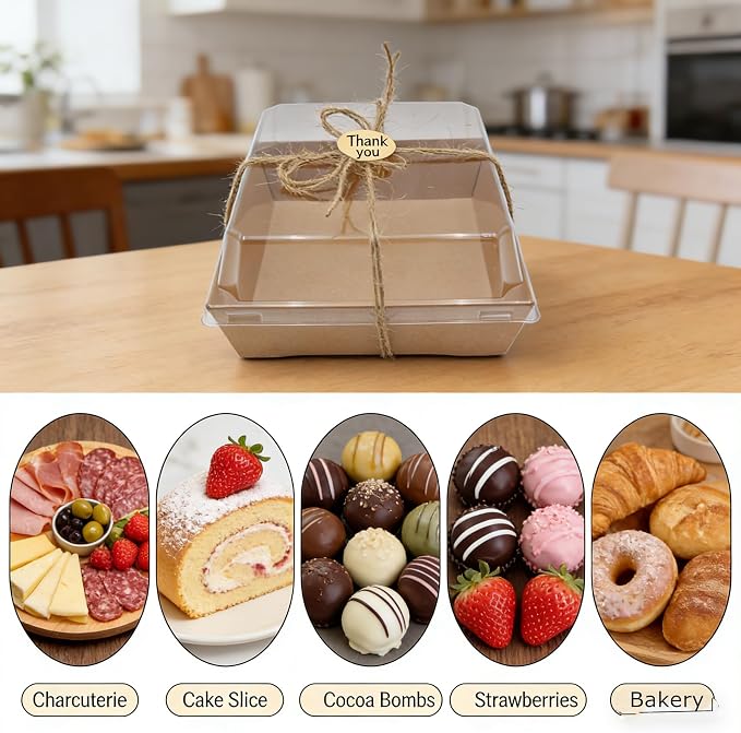 40 Pack Paper Charcuterie Boxes with Clear Lids, 7 x 5 Inch Brown Disposable Take Out Bakery Container, To Go Boxes for Cake Slice, Cupcakes, Sandwiches, Cookies, Cocoa Bombs, Salads