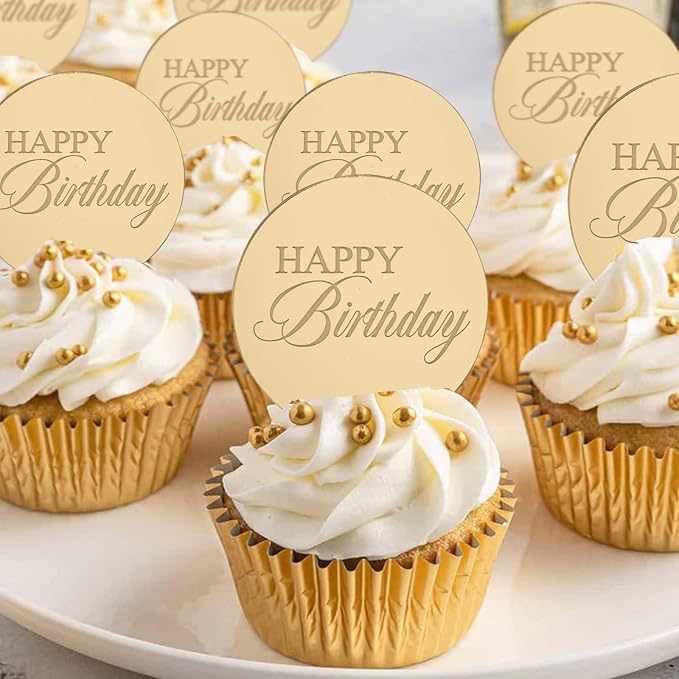 20pcs Gold Birthday Cupcake Toppers Acrylic Cake Picks for Party Decor | Mirror Design Birthday Party Supplies Round Picks DIY Gifts Flower Bouquet Pastries Desserts Decor