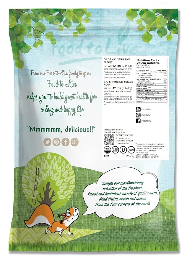 Food to Live Organic Dark Rye Flour, 12 Pounds – Whole Grain, Non-GMO, Stone Ground, Kosher, Raw, Vegan, Bulk, Great for Baking Bread, Product of the USA