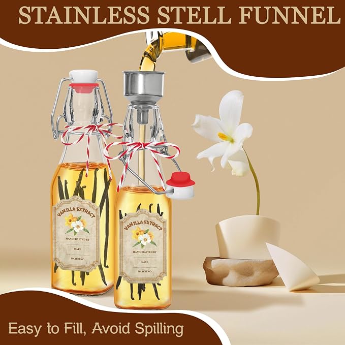 10 Pack Swing Top Glass Vanilla Extract Bottles 8 oz with Lids, Vanilla Extract Labels and Funnel, Glass Boston Bottles for Syrup Gift, Flip Top Jars