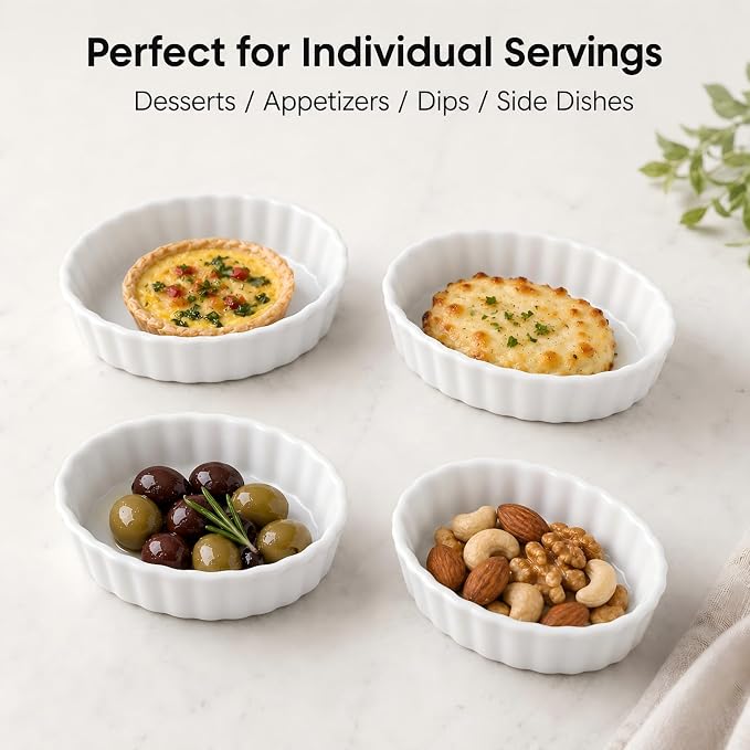 4-Piece Porcelain Baking Dish Set - 4 OZ 5.2 Inch Small Ramekins Pie Pans, Oven Safe Ramekins for Quiche, Tart, Dessert, Creme Brulee, Au Gratin | Stackable, Dishwasher Safe