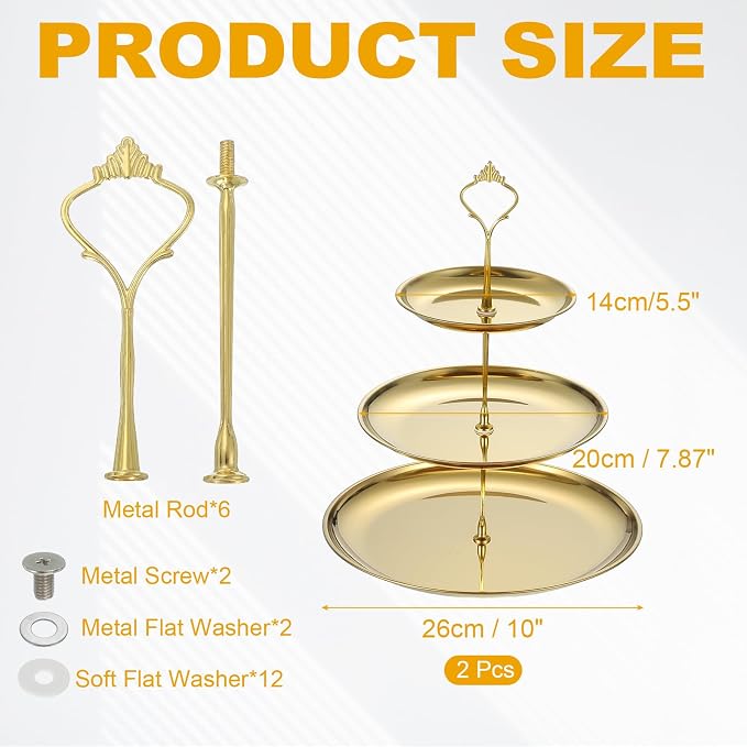 uxcell 2 Sets 3-Tier Cupcake Stand Holder, Round Tiered Serving Tray Stainless Steel Cup Cake Stand for Dessert Fruit Table Birthday Party Decoration Display, Gold