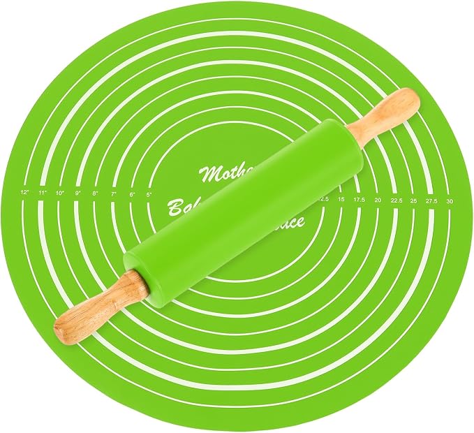 uxcell 6.7 Inch Silicone Rolling Pin and Pastry Baking Mat Set Small Dough Roller with Wood Handle for Pizza Pastry Fondant Home Kitchen, Green