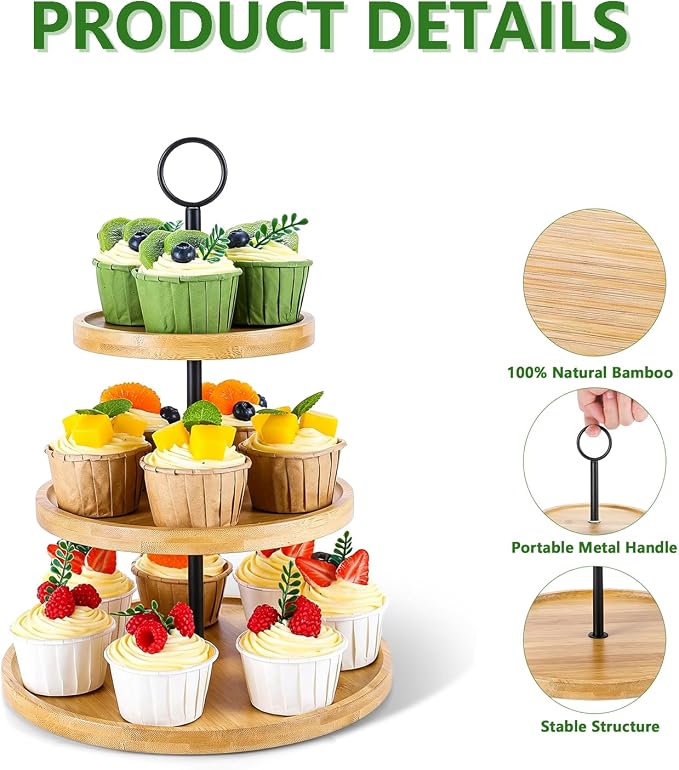 3 Tier Cupcake Stand, Cake Stand Tower, Dessert Table Display Set for Party | PUPOMIO Bamboo Dessert Stands, Wooden 3 Tier Serving Tray, Desert Table Display Set For Wedding/ Birthday/ Afternoon Tea