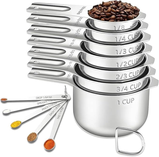 12PCS Measuring Cups and Spoons Set, 7 Stainless Steel Nesting Measuring Cups & 5 Mini Measuring Spoons for Cooking Baking, Dry and Liquid Ingredients Measurement