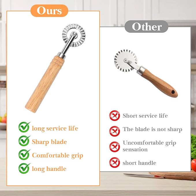 Pastry Wheel Cutter, Stainless Steel Ravioli Cutter, Fluted Pastry Wheel with Long Wooden Handle for Home Making Pasta Pizza Ravioli Cookie Tools