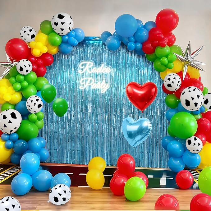 Toy Inspired Story Balloons Garland Arch Kit with Light Blue Fringe Curtain for Boys Farm Rodeo Cowboy Boots Animal Themed Baby Shower Birthday Kids Barnyard Celebration Party Decorations