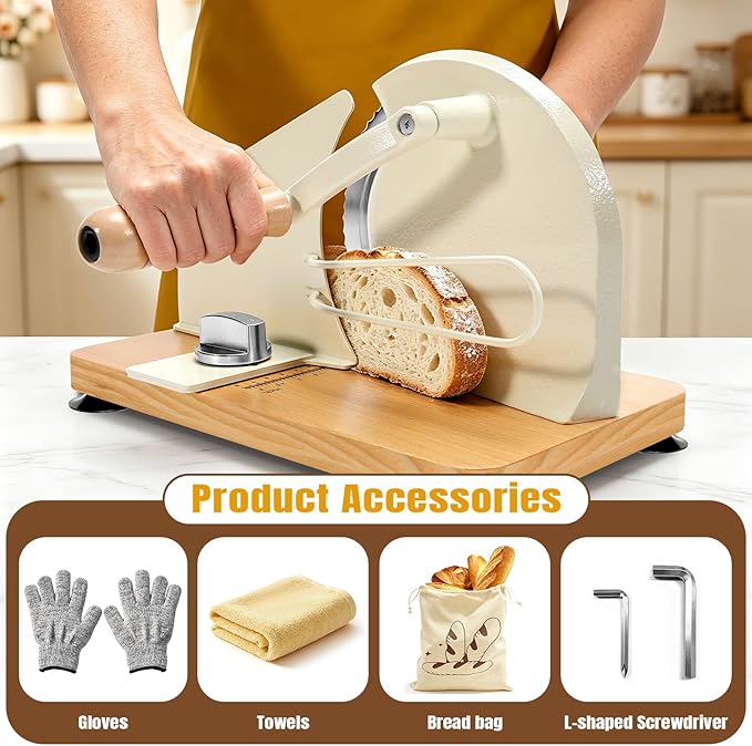 Manual Bread Slicer for Homemade Sourdough Bread, Hand Crank Bread Cutter with Scale Line & Suction Cup & Metal Guide, Sourdough Bread Slicer with Bread Bag, Adjustable Thickness & Evenly Slicing