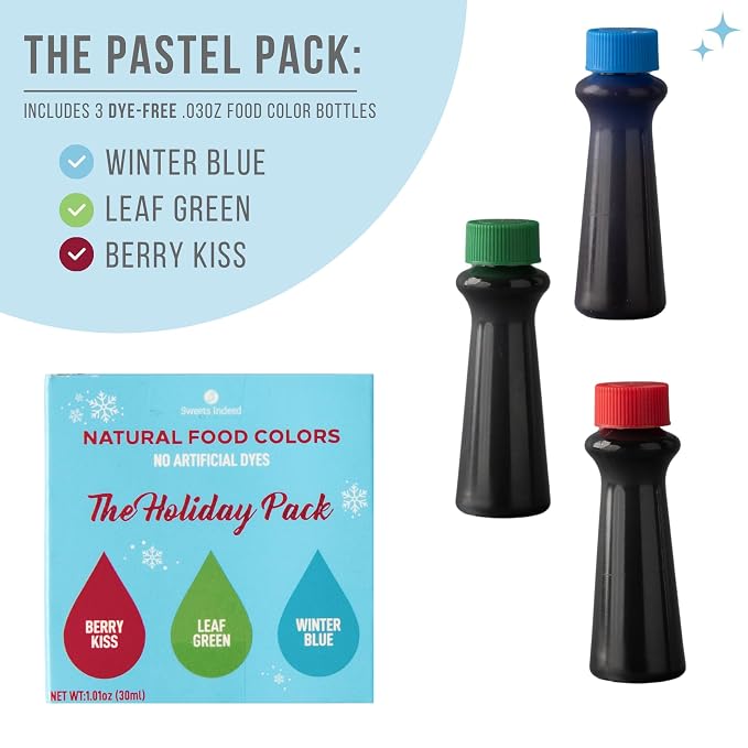 Dye Free Christmas Food Coloring Set – 3 Bottles (Berry Kiss Red, Leaf Green, Winter Blue)1.22 fl oz | All Natural, Free from Artificial Dyes | For Frosting, Baking, Icing & Desserts (Christmas, 3 pack)