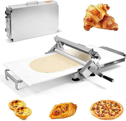 Foldable Dough Sheeter, Dough Laminator, Manual Dough Roller Machine with Adjustable Thickness, Stainless Steel Body, Food-Grade PE Panel,for Croissant, Pizza,Pasta,Eggs Tart,Space-Saving Kitchen Tool