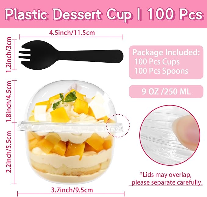100 PCS 9 OZ Clear Dessert Cups with Dome Lids,Disposable Parfait Cups,No Hole Ice Cream Cups with Sporks for Dips and Veggies,Cupcake,Parfait,Pudding,Iced Cold Drinks,Snacks,Fruits,Bakeries,Ice Cream