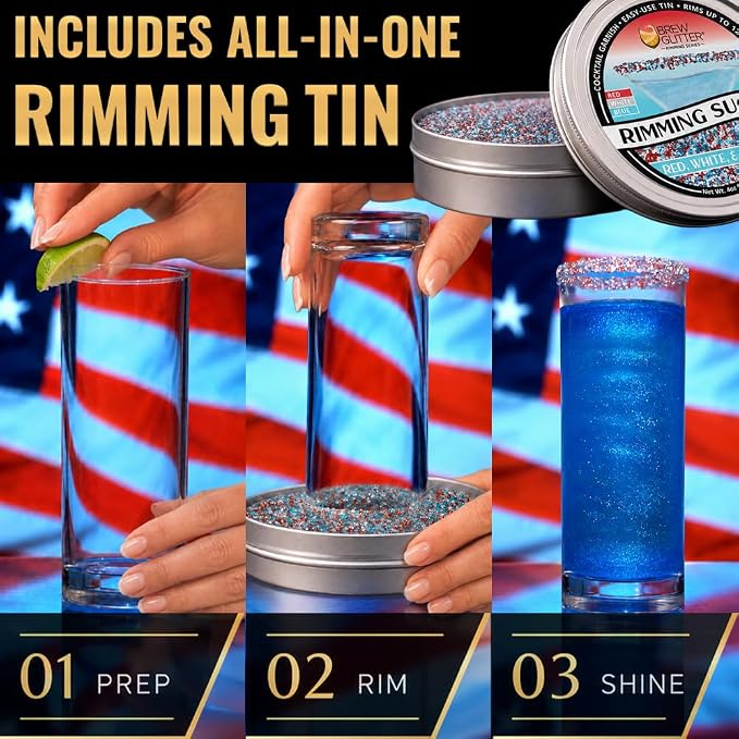 Brew Glitter Red, White & Blue Rimming Sugar (4oz, 1x Bar Tin) for Drinks, Cocktails, Beer, Garnish & Beverages for 4th of July, Indpendence Day, Memorial Day, Veterans Day, and America