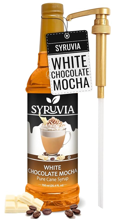 Syruvia Coffee Syrup, White Chocolate Mocha Flavored Syrup for Drinks, Lattes, and Desserts – 25.4 fl oz - with Pump