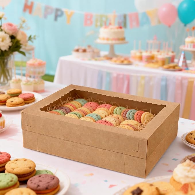 MUMULULU 12PCS Kraft Large Cake Box 16x11x4 Inch Rectangular Cake Box with Window Disposable Bakery Boxes for Donuts Cookies Cupcakes Pastry Pie Packaging Perfect for Weddings Birthdays and Parties