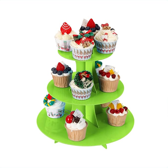 YLDW Cupcake Stand 2Pcs, 3-Tier Cupcake Stand Display, Cardboard Cup Cake Tower Stand, Disposable Dessert Stand for Birthday Tea Party Baby Shower Treat Decorations, Green