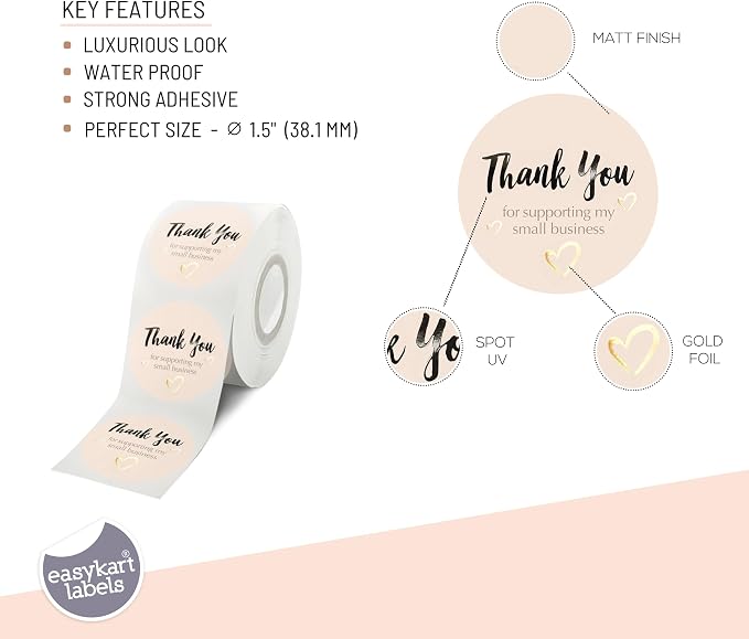 easykart labels 2000 Thank You Stickers Rolls, Size 1.5 Inch Round,Thank You Seal Stickers,Gold Foil Thank You Stickers Small Business Supplies | Pastel Peach Color with UV Effect