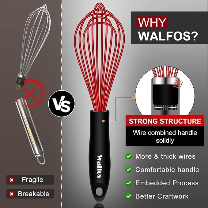 Walfos Whisk,Whisks for Cooking Non Scratch.Silicone Whisk Set of 4 Kitchen Wisk-11in Flat wisk and 7+9+11in Balloon Whisk.Nice for Mixing,Whisking and Stirring.Dishwasher Safe.(4pcs-Colorful)