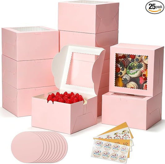 COTOPHER 50 Pcs Cake Boxes 8 Inch, 8x8x5 Inches Cake Containers (25 Boxes & 25 Boards), Pink Bakery Boxes with Windown for Cookies, Desserts, Cupcake, Pastries, Birthday, Wedding, Mother's Day
