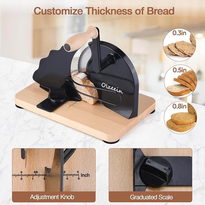 Manual Bread Slicer for Homemade Sourdough Bread, Hand Crank Bread Slicer with Scale Line,Metal Guide & Adjustable Thickness Bread Loaf Slicer,Sharp Blade Bread Cutter for Sourdough Bread