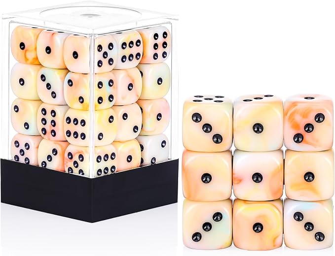 36 of Pack 12MM 6 Sided MINI Dice Set,Mixed Colours Swirls D6 Game Dice Set, 6 Sided Standard Dices for Yahtzee, Bunco,with Portable Plastic Box(Orange, Yellow, Blue, Green)