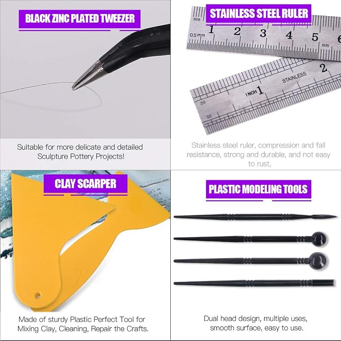 Swpeet 21Pcs Modeling Clay Sculpting Tools Kits, Handle Double-Sided Set, Dual-Ended Design Pottery Tools, Plastic Ball Rod Stylus Modeling Tools, Clay Roller, Clay Scarper for Modeling Clay