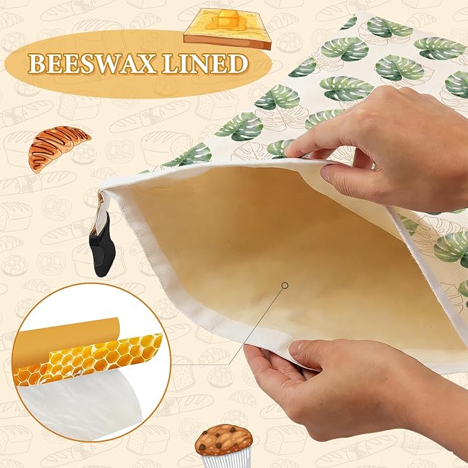 2 Pack Beeswax Bread Bags for Homemade Sourdough Bread, 17x13 Inch Reusable Linen Beeswax Bread Bag with Buckle to Keeps Bread Freshness for Food Storage(Palm Leaves)