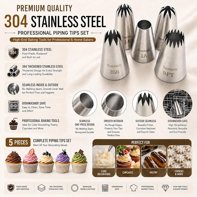 Piping tips large Cake Decorating tools, 5 pack Cake piping Nozzles Tips Kit - DIY Icing Nozzle Tool for Cupcakes