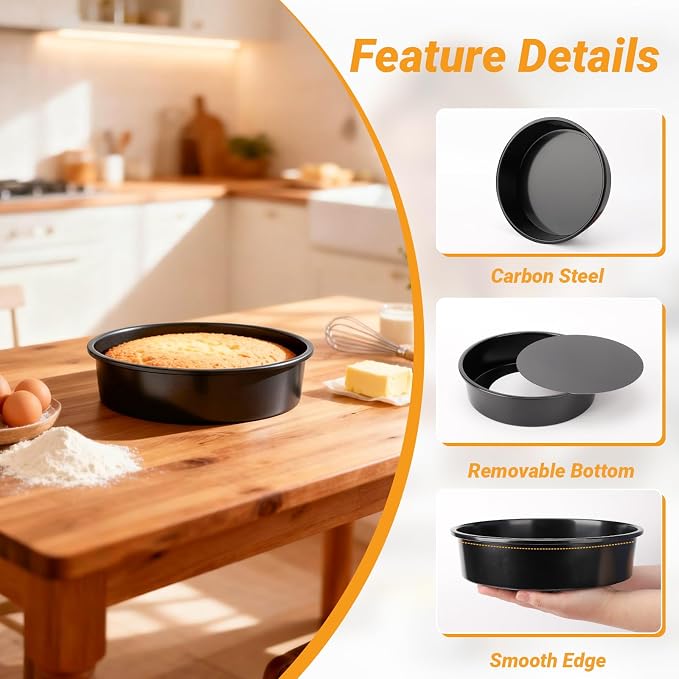 Beasea Round Cake Pans, 3 Pack 10 Inch Nonstick Carbon Steel Round Cake Pan with Removable Bottom, Baking Mold Tin for Cheesecake
