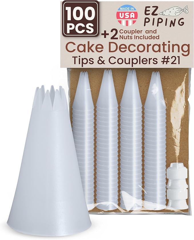 Reusable Plastic Piping Tips Standard Size Star Tip #21 100 Pack with 2 Coupler Star Tip Icing Nozzle for Cake Decoration, Dessert Design Baking Supply & Piping Bags Base Ø 0.75"Height 1.25"